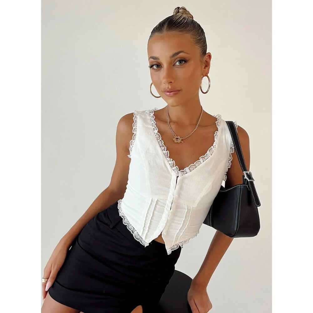 Princess Polly Cotton Linen Lace Trim Vest Style Top Cottage Milkmaid Layering 6